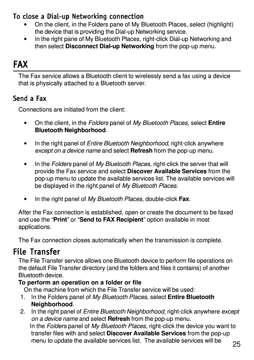 D-Link dbt-120 manual To close a Dial-up Networking connection, Send a Fax, To perform an operation on a folder or file 