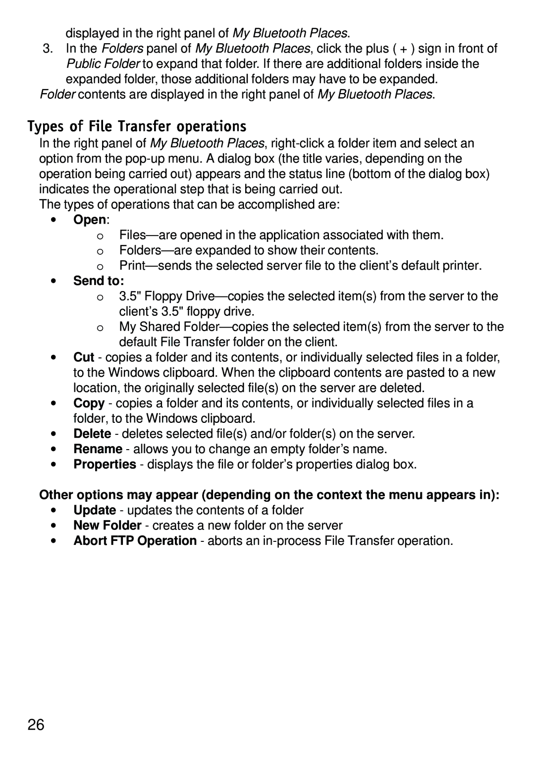 D-Link dbt-120 manual Types of File Transfer operations, Open, Send to 