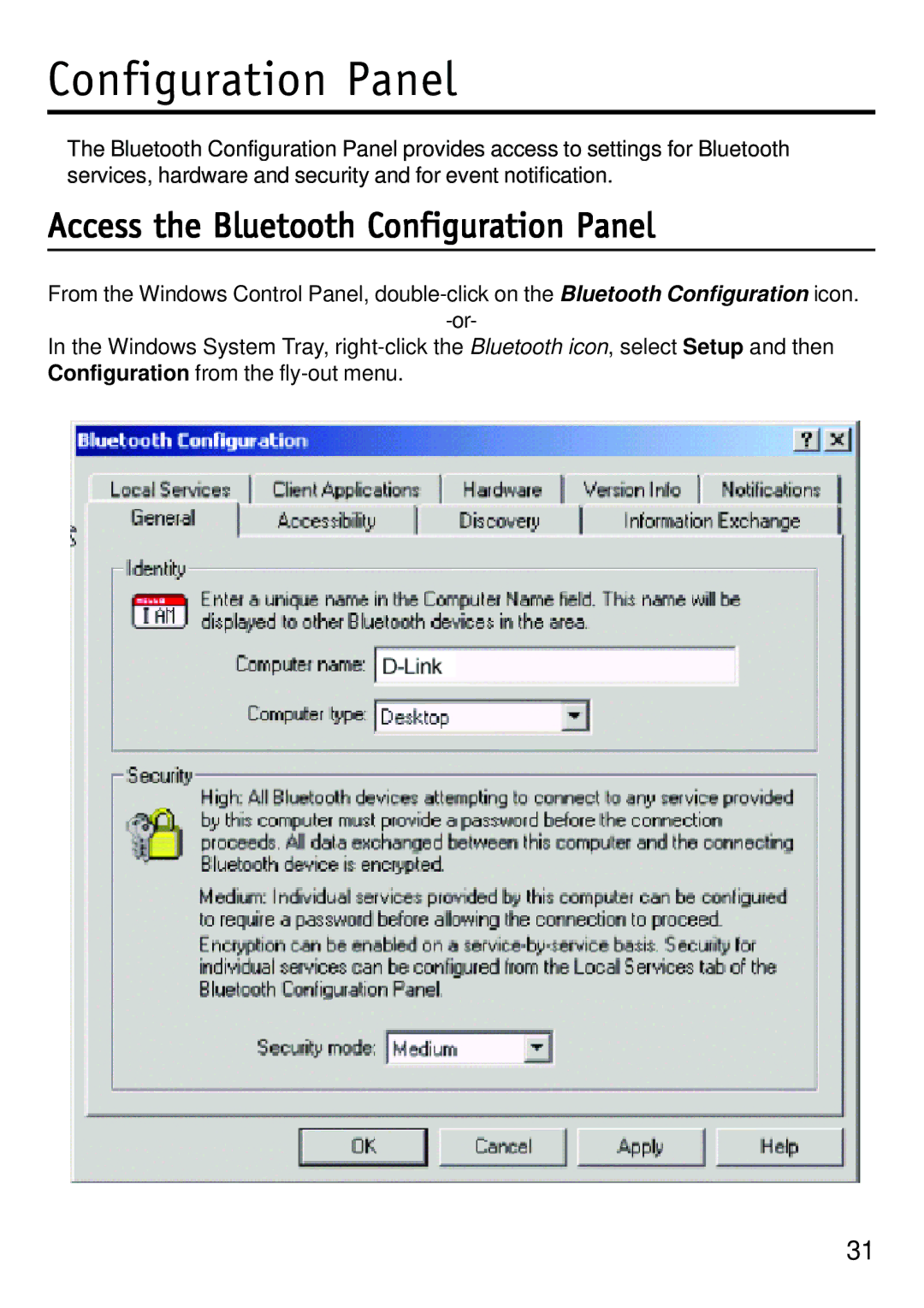 D-Link dbt-120 manual Access the Bluetooth Configuration Panel 