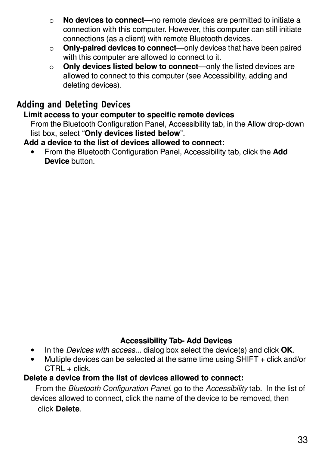 D-Link dbt-120 manual Adding and Deleting Devices, Limit access to your computer to specific remote devices 