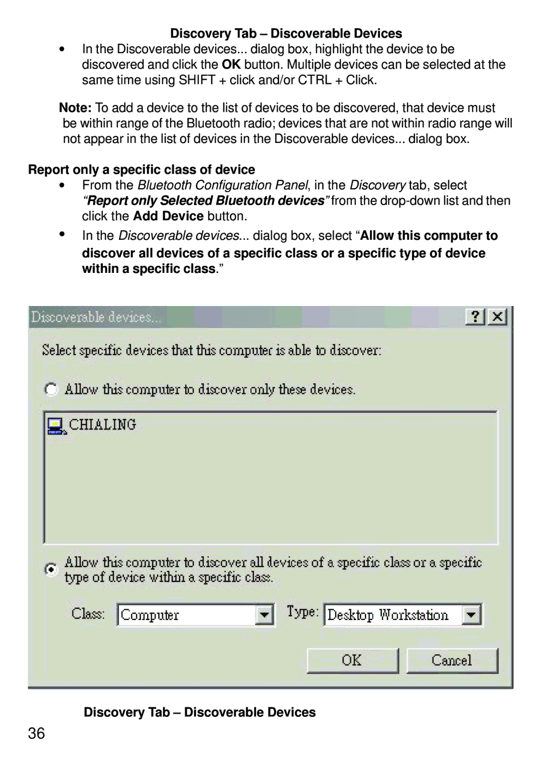 D-Link dbt-120 manual Discovery Tab Discoverable Devices, Report only a specific class of device 