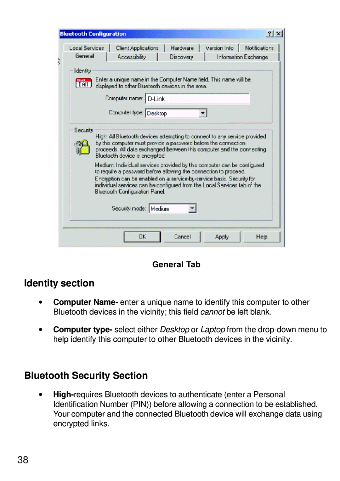 D-Link dbt-120 manual Identity section, Bluetooth Security Section, General Tab 