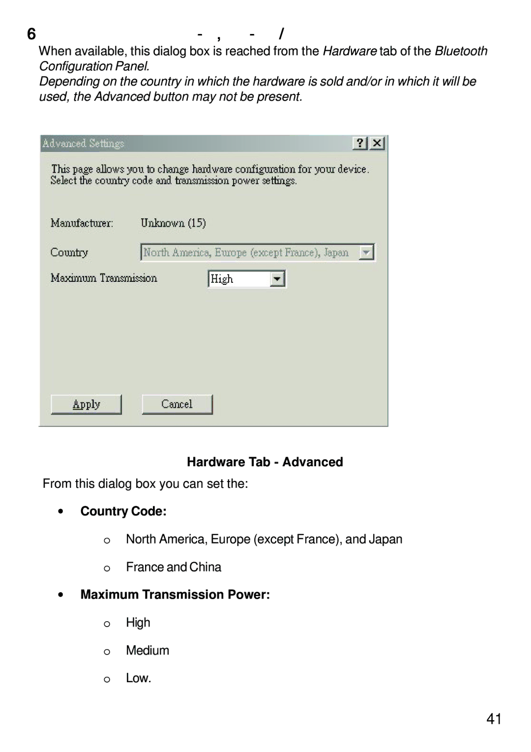 D-Link dbt-120 Hardware Advanced Settings Dialog Box, Hardware Tab Advanced, Country Code, Maximum Transmission Power 