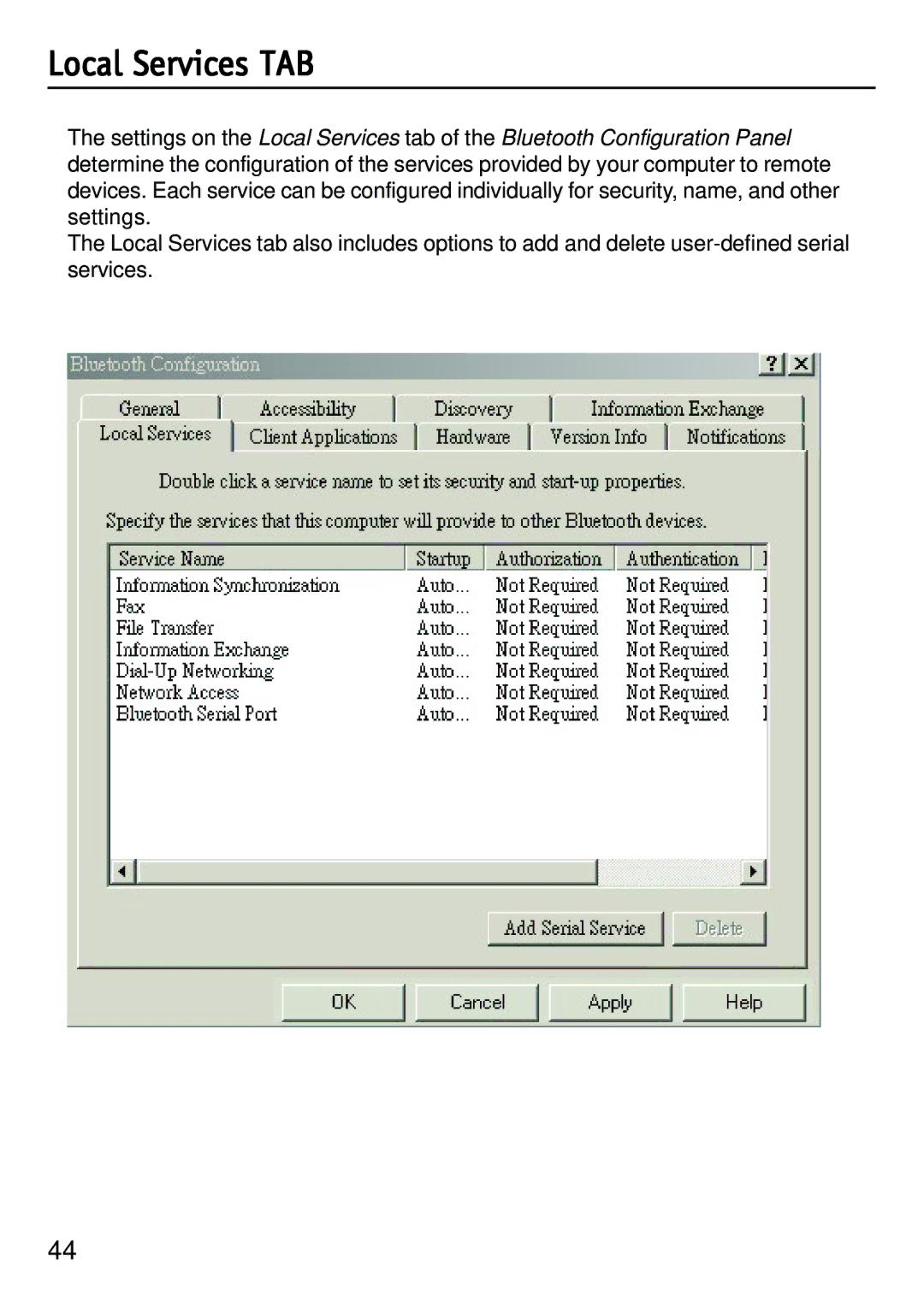 D-Link dbt-120 manual Local Services TAB, Local Services Configuration Settings, Local Service Tab 