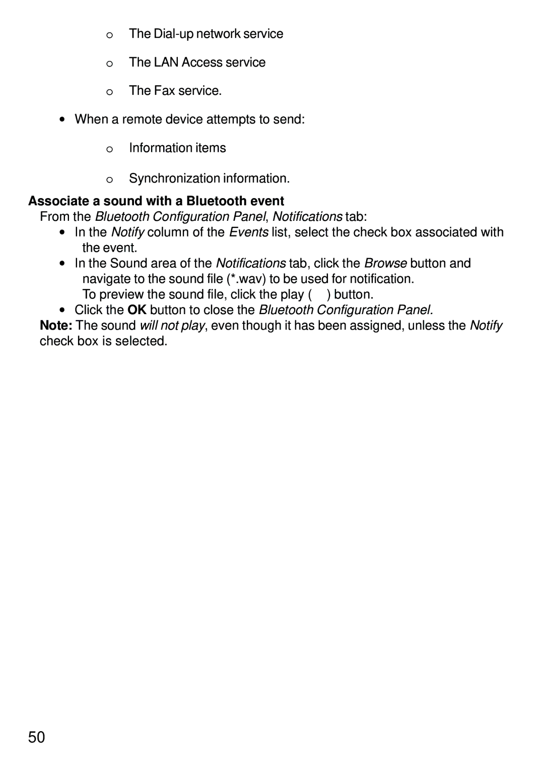 D-Link dbt-120 manual Associate a sound with a Bluetooth event, From the Bluetooth Configuration Panel, Notifications tab 