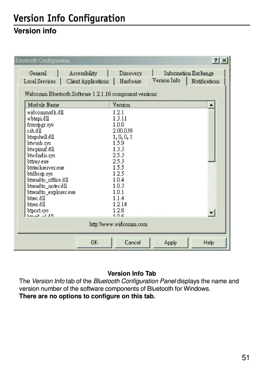 D-Link dbt-120 Version Info Configuration, Version info, Version Info Tab, There are no options to configure on this tab 