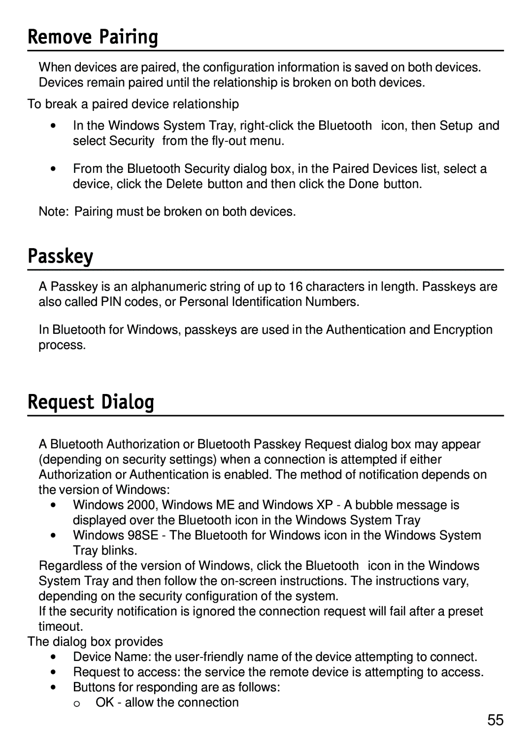 D-Link dbt-120 manual Remove Pairing, Passkey, Security Request Dialog Box 