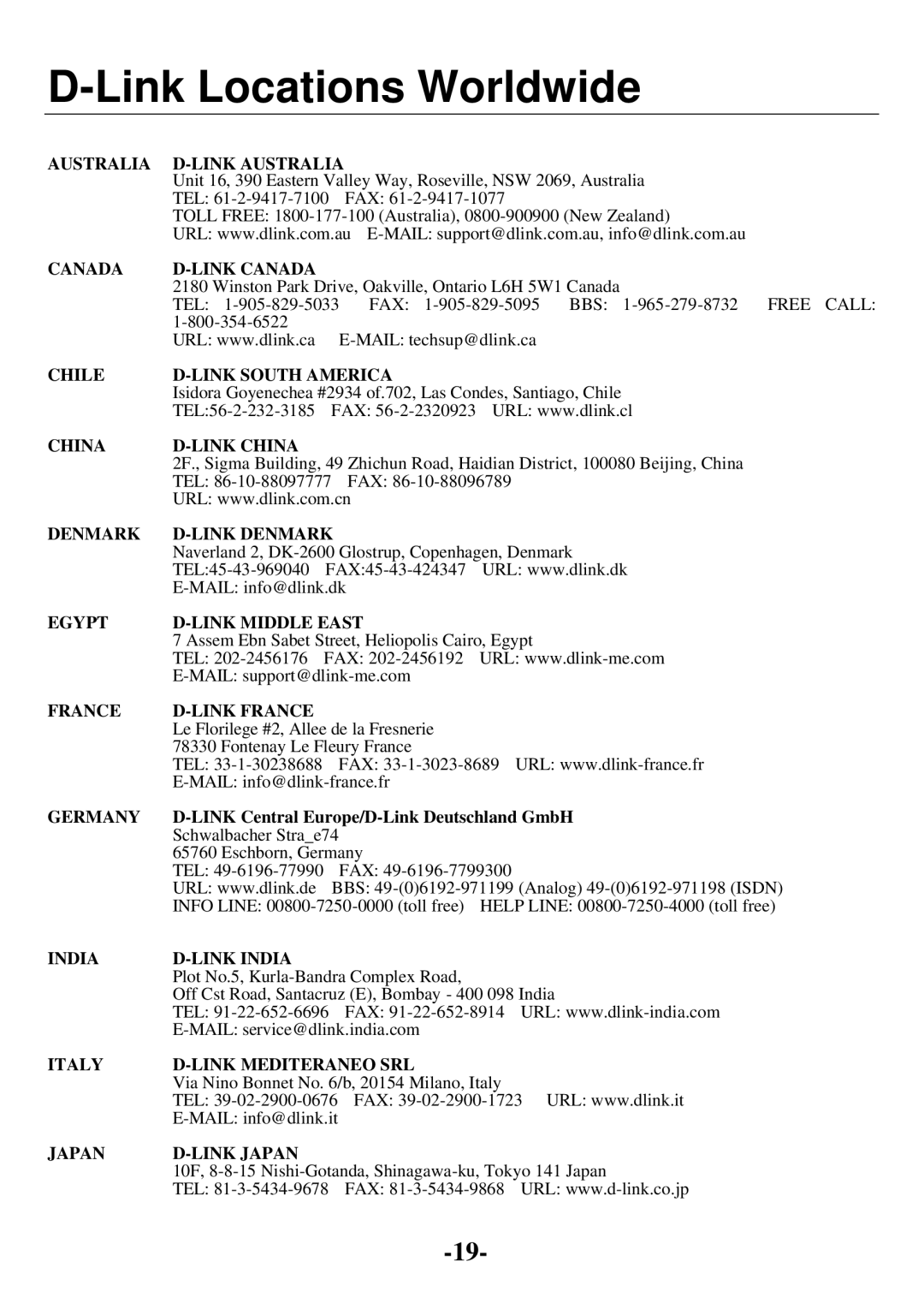 D-Link DCF-650W user manual Link Locations Worldwide, Australia D-LINK Australia 