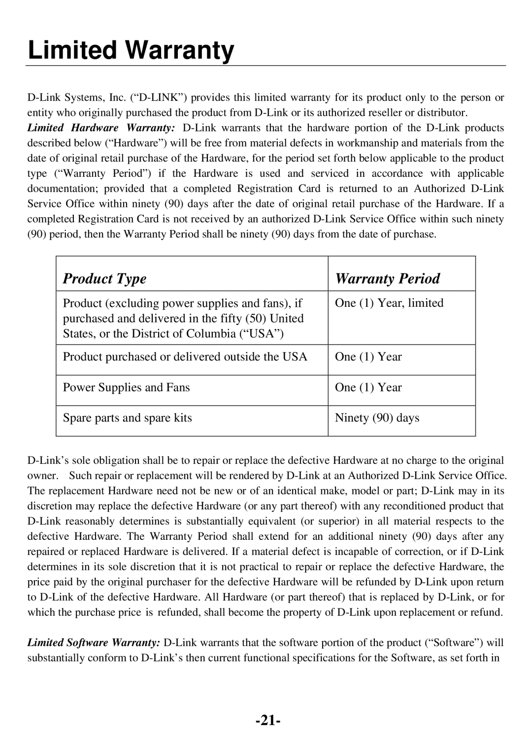 D-Link DCF-650W user manual Limited Warranty, Product Type Warranty Period 