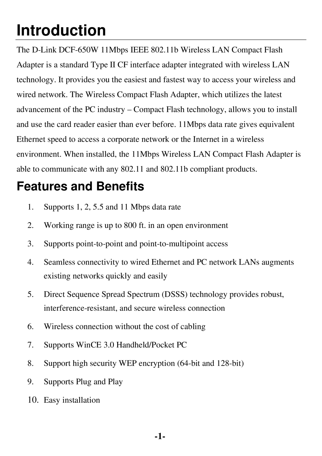 D-Link DCF-650W user manual Introduction, Features and Benefits 