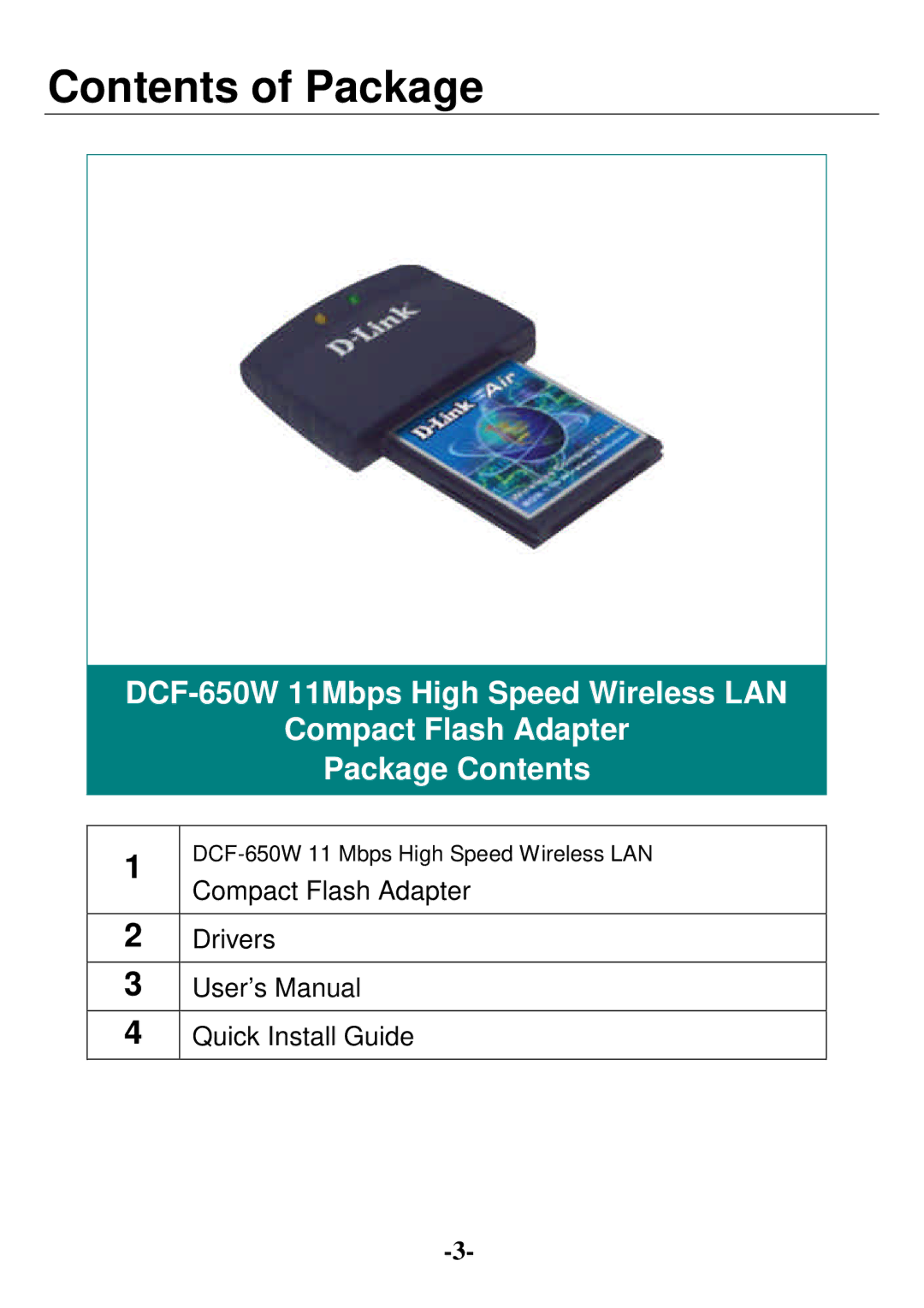 D-Link DCF-650W user manual Contents of Package 