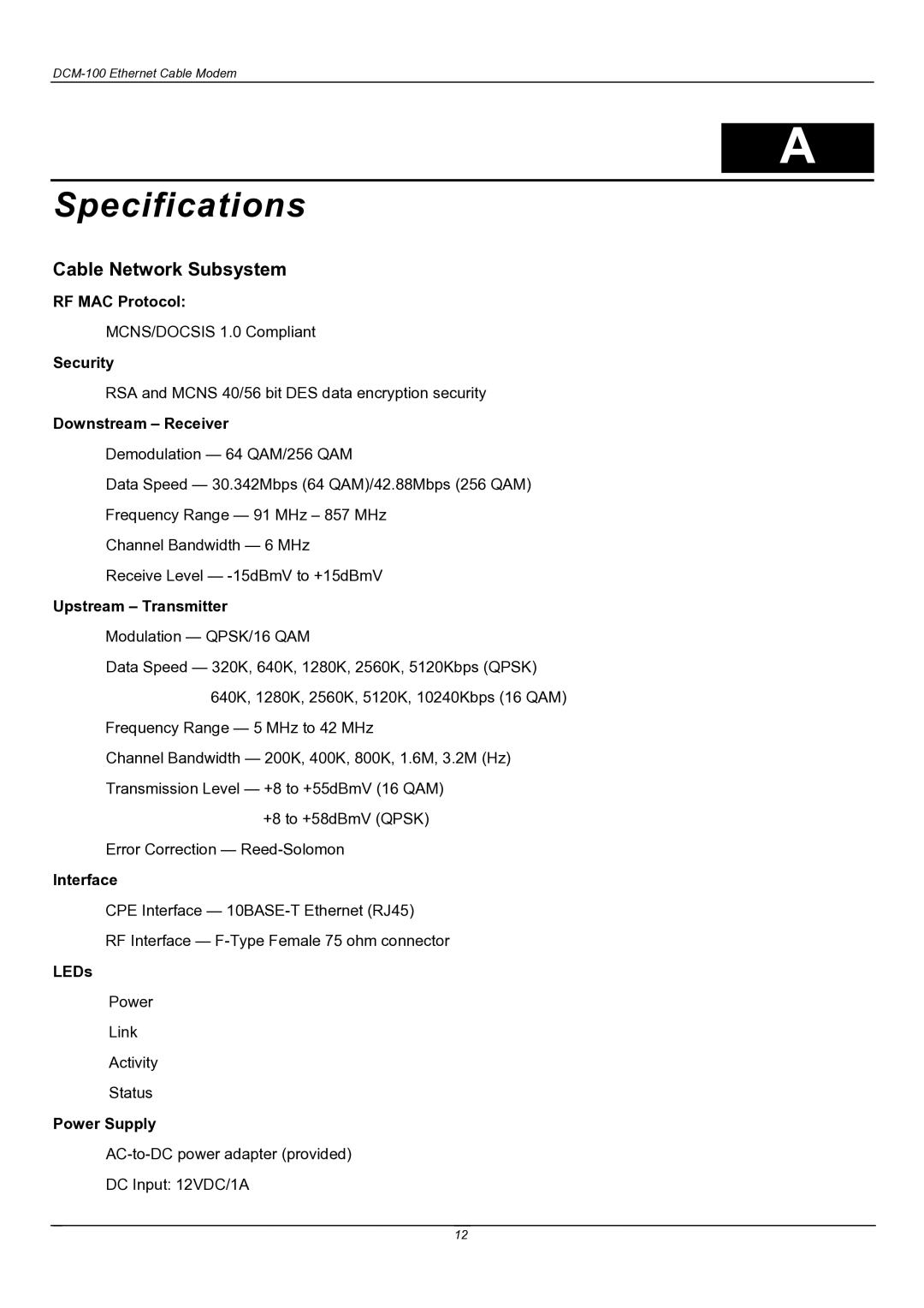 D-Link DCM-100 user manual Specifications, Cable Network Subsystem 