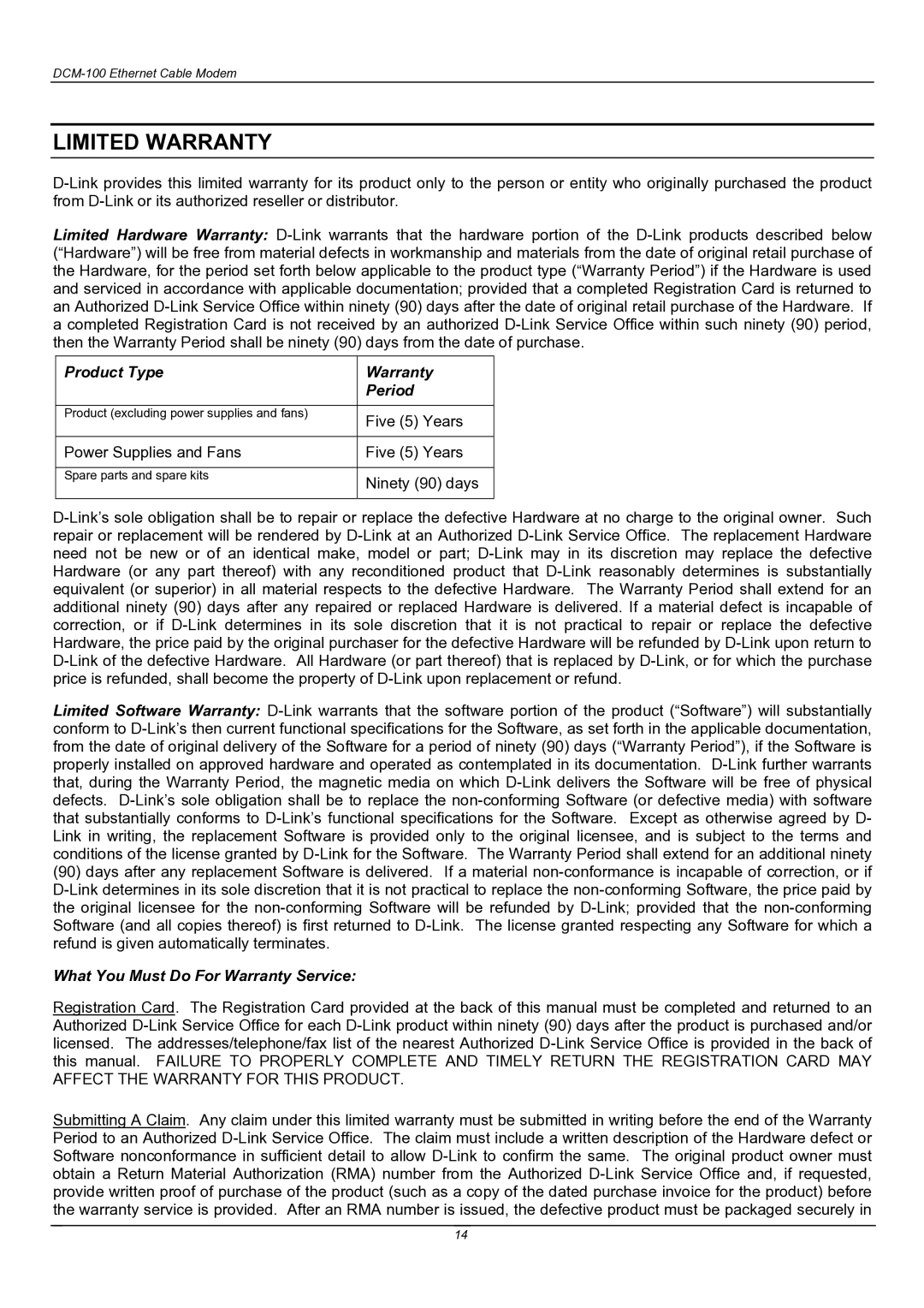 D-Link DCM-100 user manual Limited Warranty 