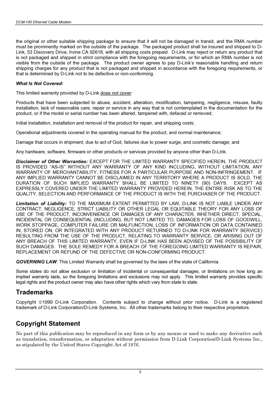 D-Link DCM-100 user manual Trademarks, Copyright Statement 