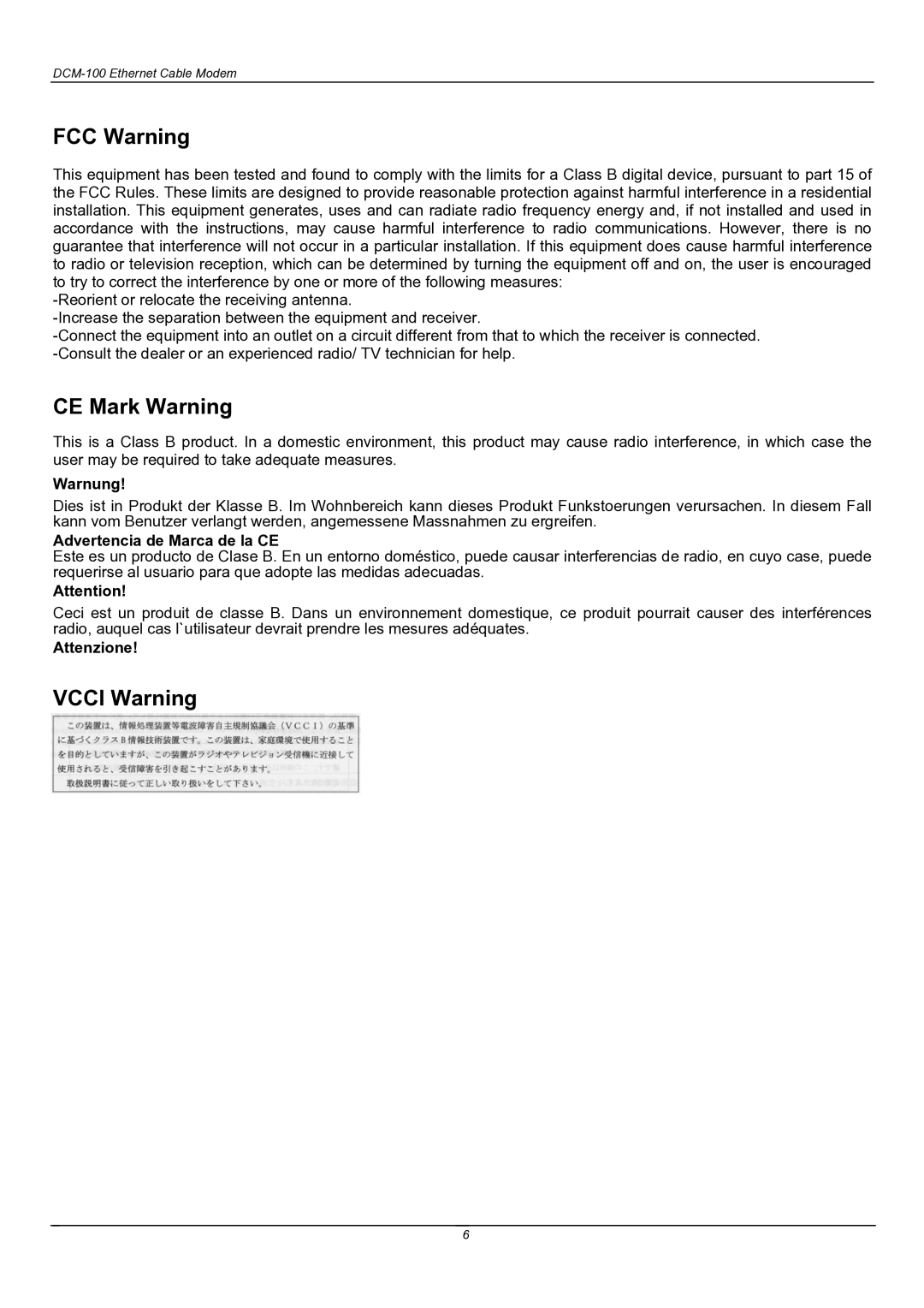 D-Link DCM-100 user manual FCC Warning, CE Mark Warning, Vcci Warning 