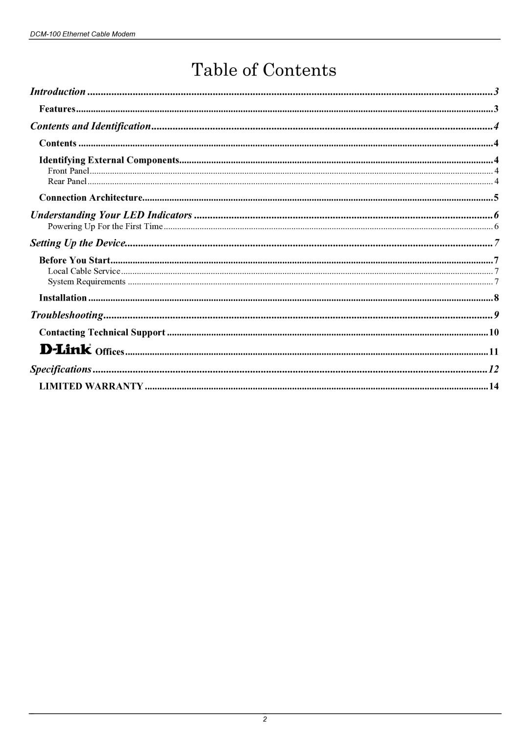 D-Link DCM-100 user manual Table of Contents 