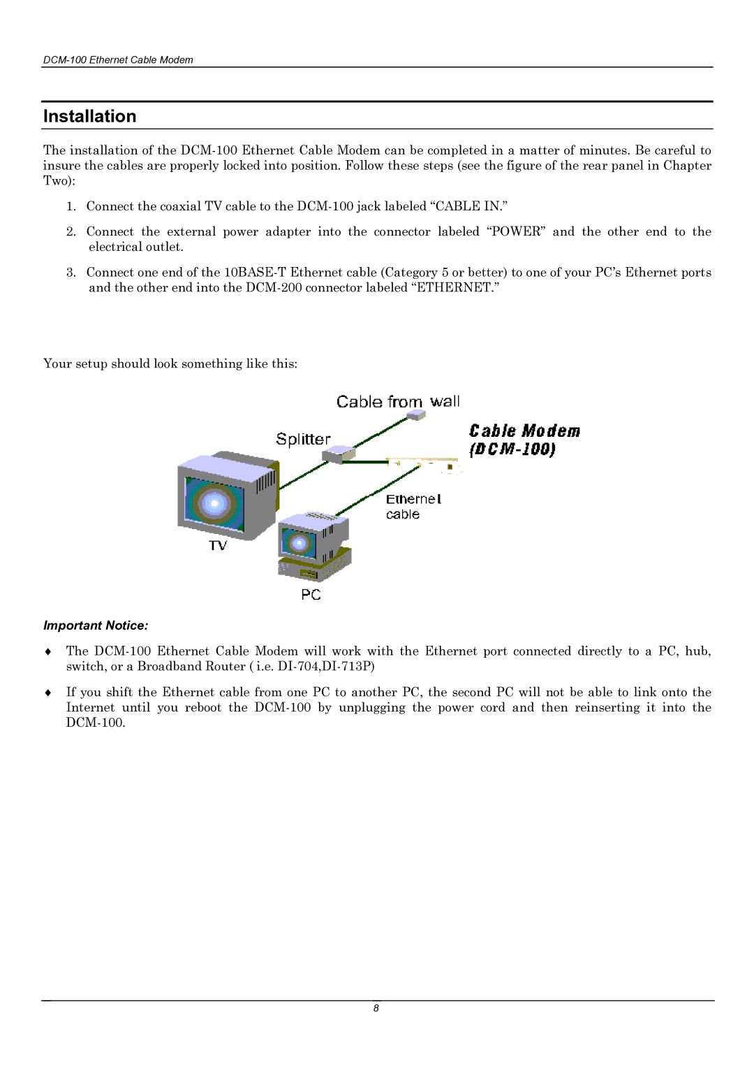 D-Link DCM-100 user manual Installation, Important Notice 