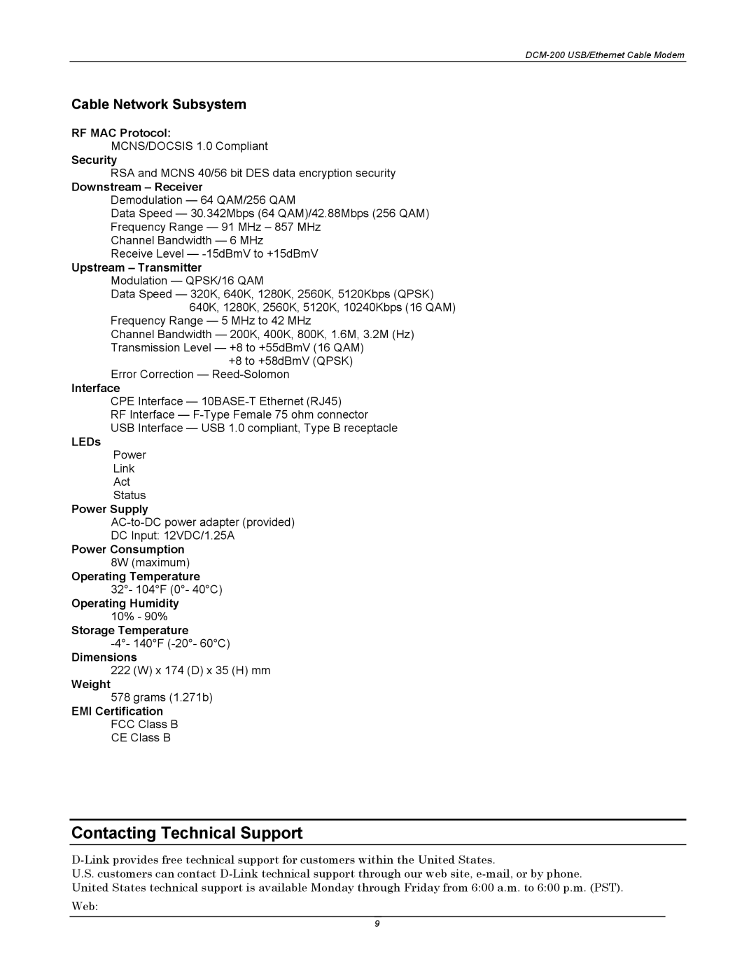 D-Link DCM-200 manual Contacting Technical Support, Cable Network Subsystem 