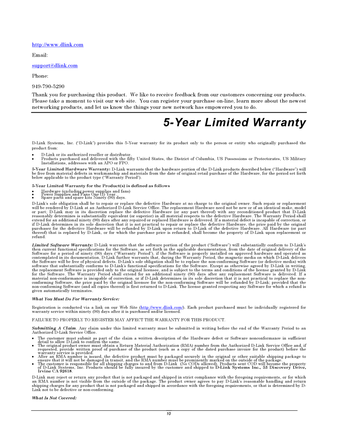 D-Link DCM-200 manual Year Limited Warranty, Support@dlink.com 