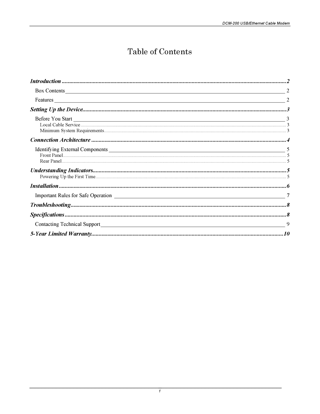D-Link DCM-200 manual Table of Contents 
