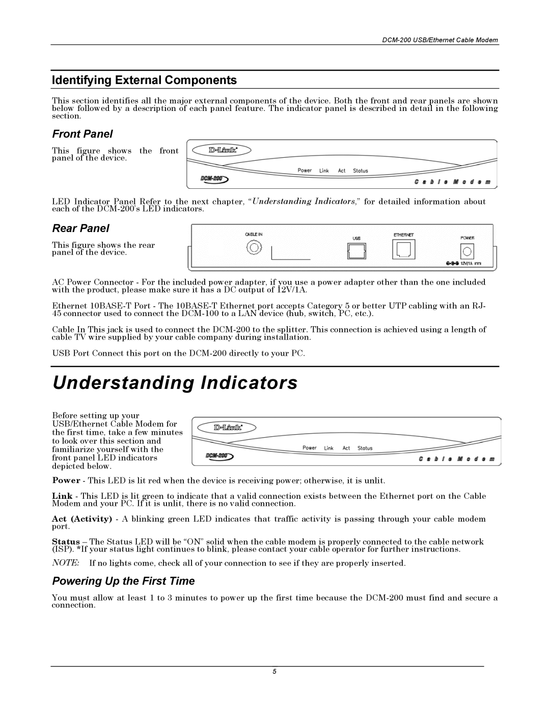 D-Link DCM-200 manual Understanding Indicators, Identifying External Components 