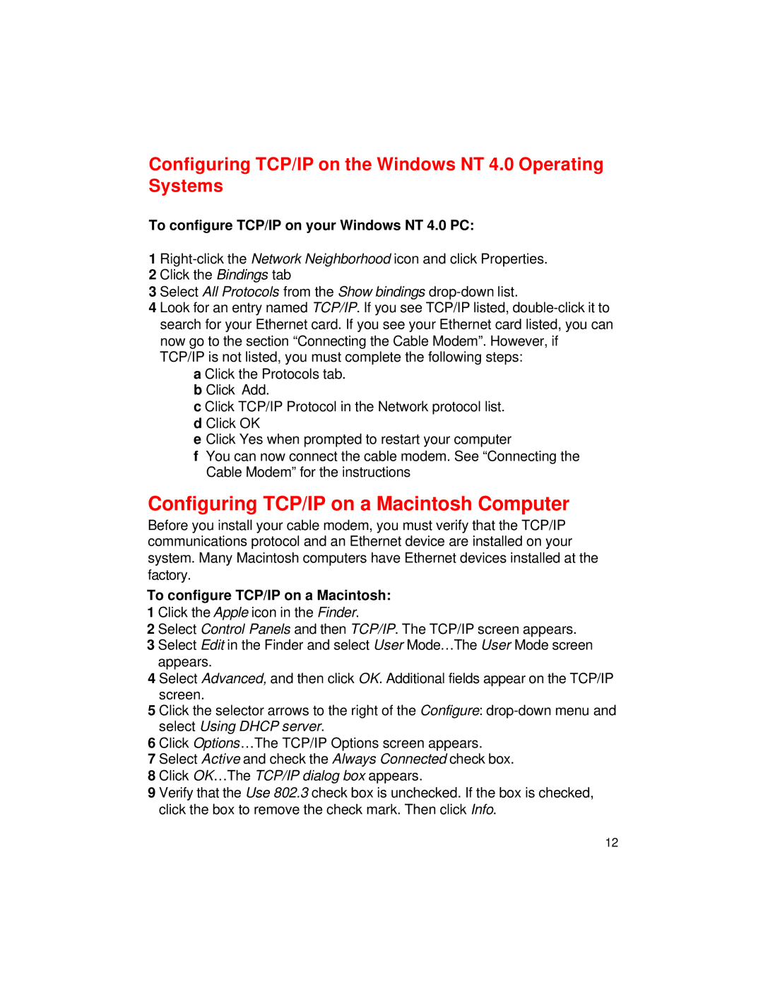 D-Link DCM-201 manual Configuring TCP/IP on a Macintosh Computer, To configure TCP/IP on your Windows NT 4.0 PC 