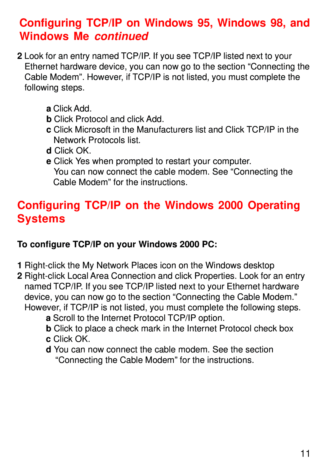 D-Link USB/Ethernet Broadband Cable Modem, DCM-202 manual Configuring TCP/IP on the Windows 2000 Operating Systems 