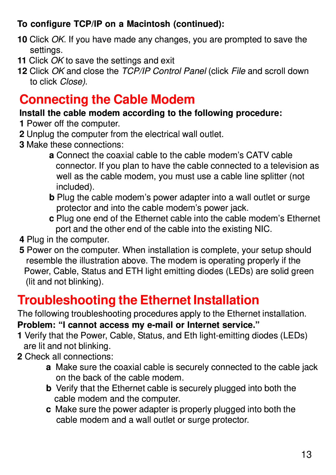 D-Link USB/Ethernet Broadband Cable Modem, DCM-202 Connecting the Cable Modem, Troubleshooting the Ethernet Installation 