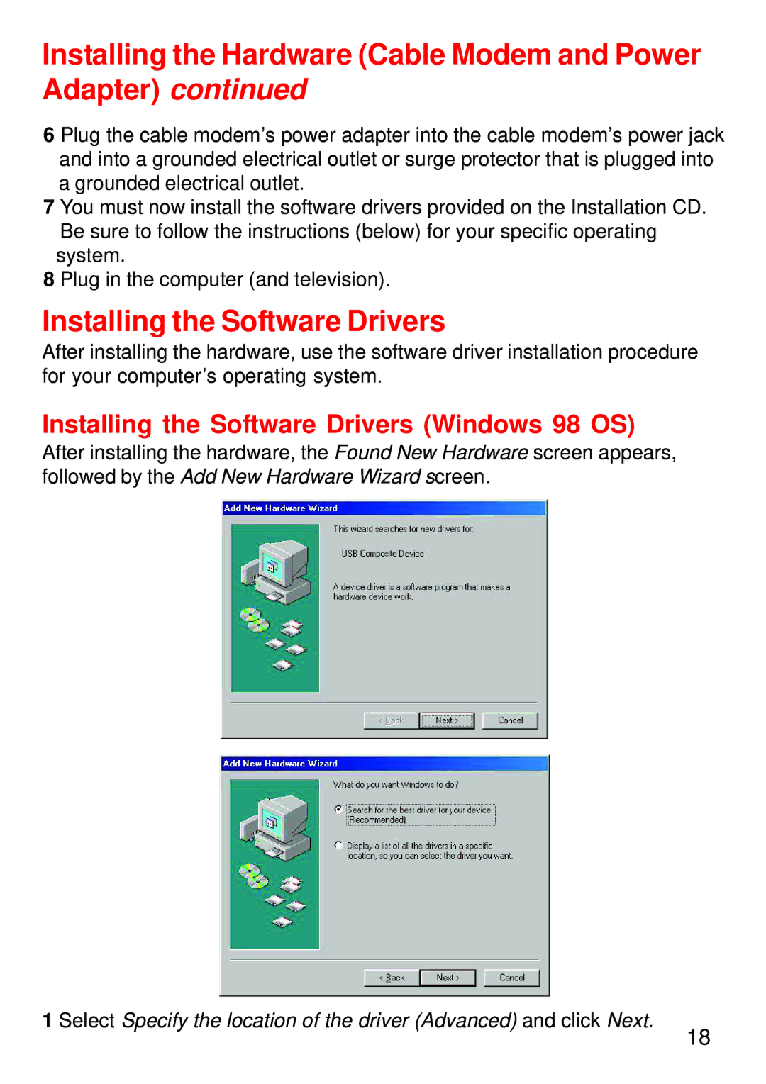 D-Link DCM-202, USB/Ethernet Broadband Cable Modem manual Installing the Software Drivers Windows 98 OS 