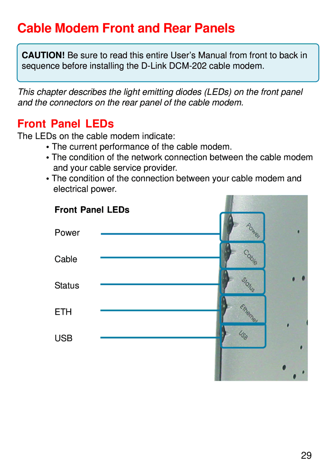D-Link USB/Ethernet Broadband Cable Modem, DCM-202 manual Cable Modem Front and Rear Panels, Front Panel LEDs 
