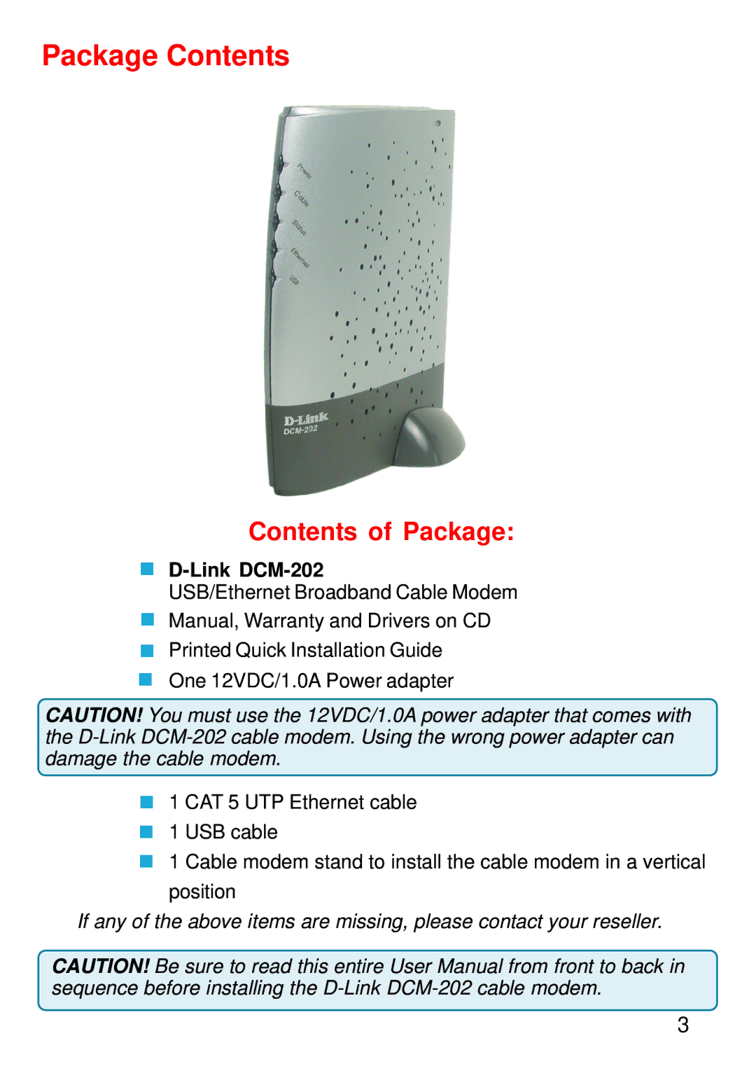 D-Link USB/Ethernet Broadband Cable Modem, DCM-202 manual Package Contents 