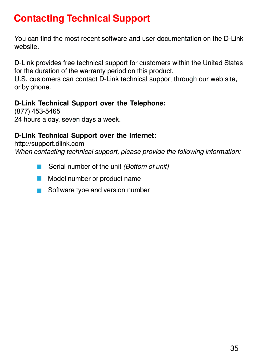 D-Link USB/Ethernet Broadband Cable Modem Contacting Technical Support, Link Technical Support over the Telephone 877 