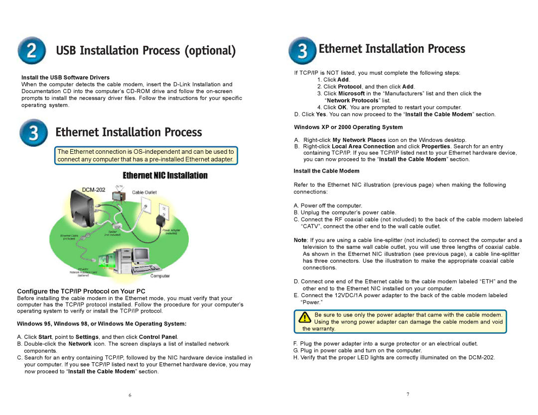 D-Link DCM-202 warranty Ethernet Installation Process, Configure the TCP/IP Protocol on Your PC 