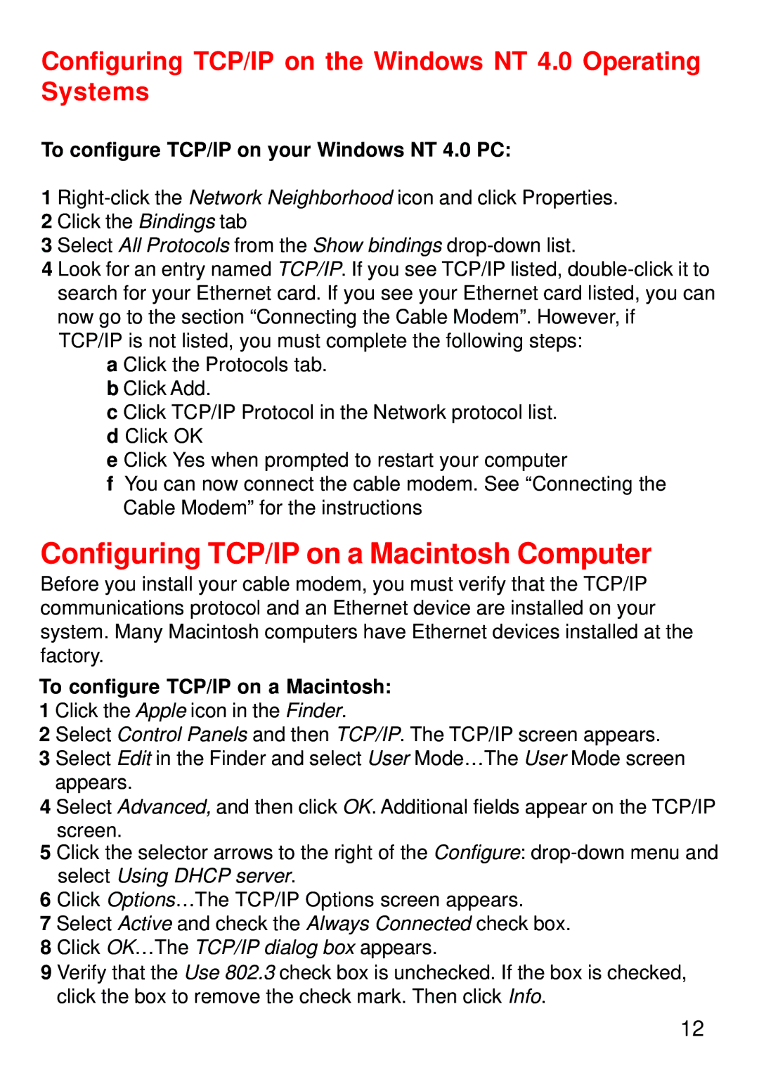 D-Link DCM-202 manual Configuring TCP/IP on a Macintosh Computer, To configure TCP/IP on your Windows NT 4.0 PC 