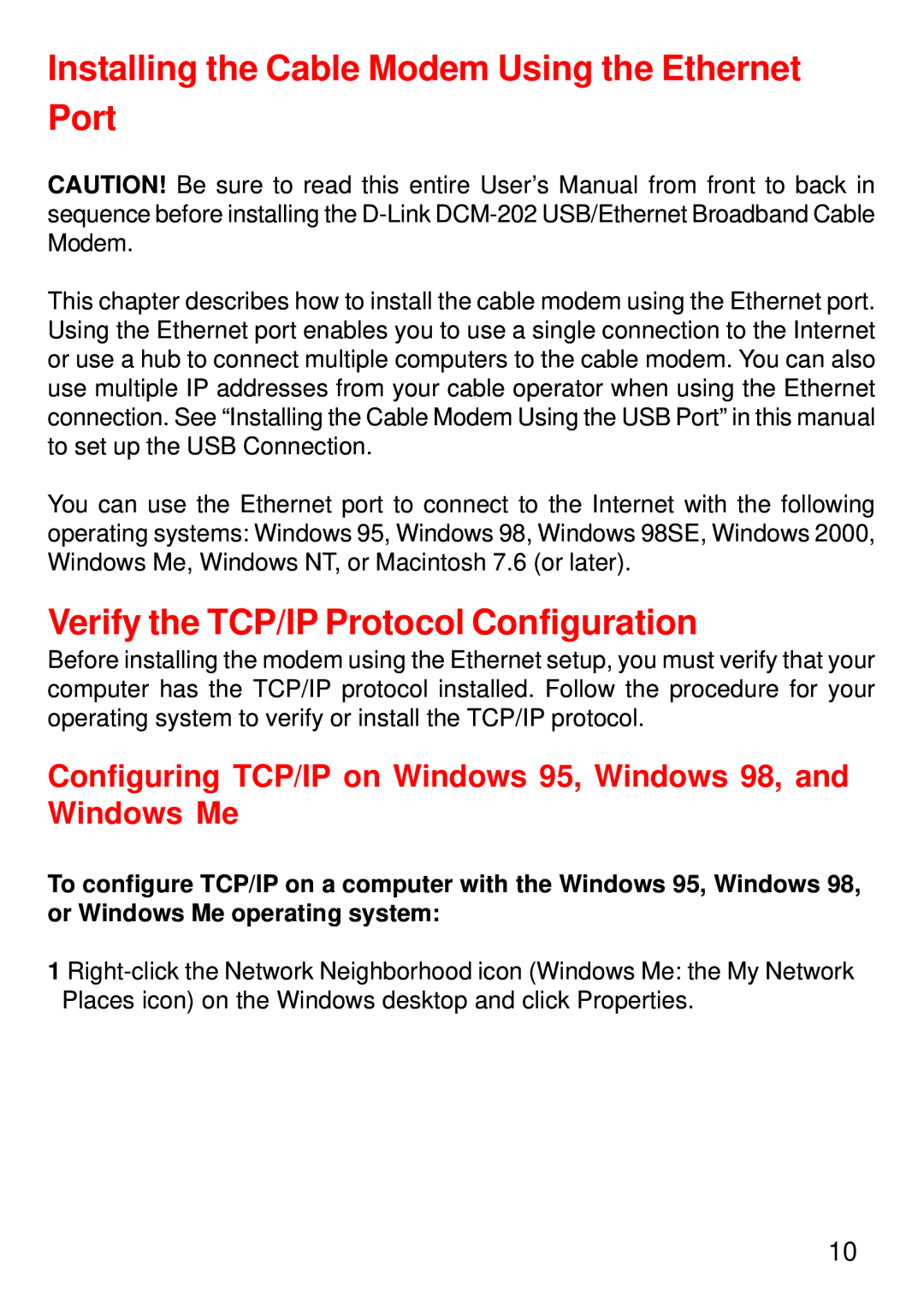 D-Link DCM-202 Verify the TCP/IP Protocol Configuration, Configuring TCP/IP on Windows 95, Windows 98, and Windows Me 