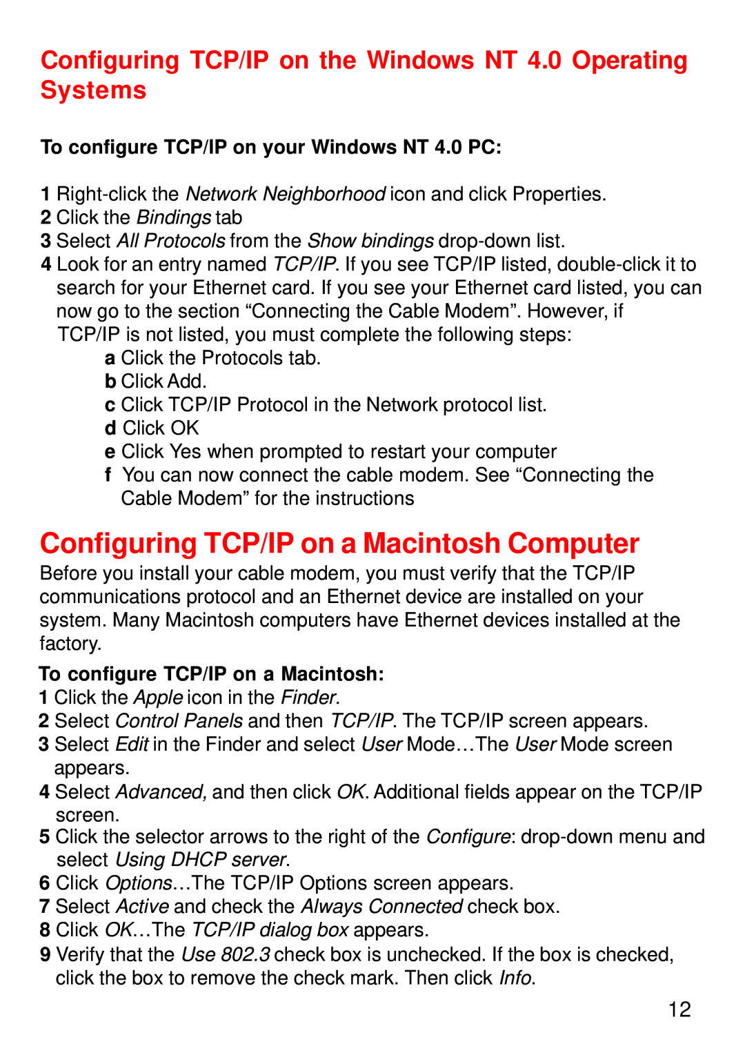 D-Link DCM-202 Configuring TCP/IP on a Macintosh Computer, Configuring TCP/IP on the Windows NT 4.0 Operating Systems 