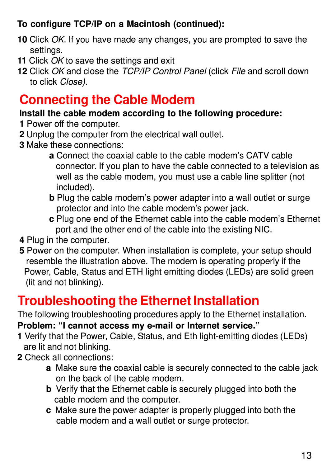 D-Link DCM-202 manual Connecting the Cable Modem, Troubleshooting the Ethernet Installation 