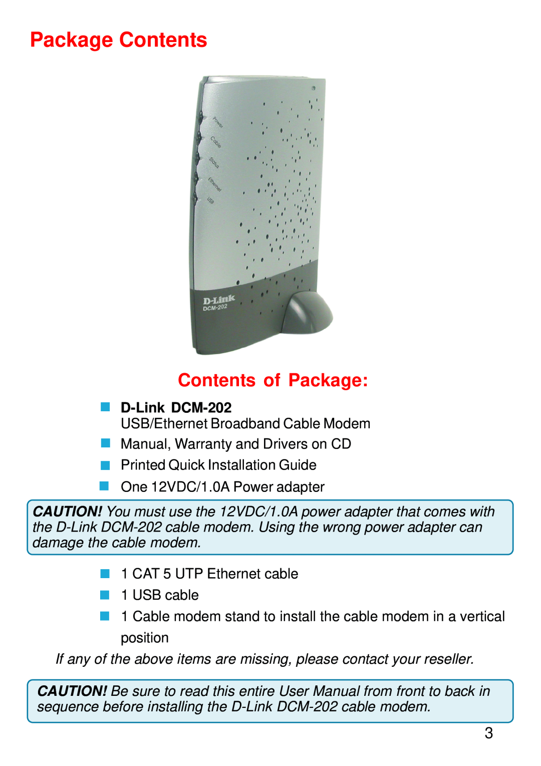 D-Link manual Package Contents, Contents of Package, D-Link DCM-202 