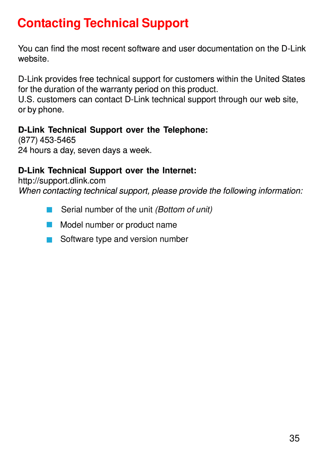 D-Link DCM-202 manual Contacting Technical Support, D-Link Technical Support over the Telephone 877 