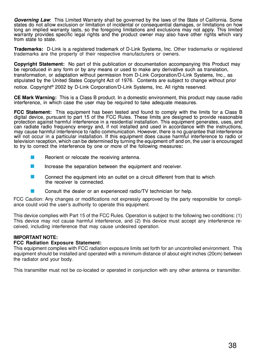 D-Link DCM-202 manual IMPORTANT NOTE FCC Radiation Exposure Statement 