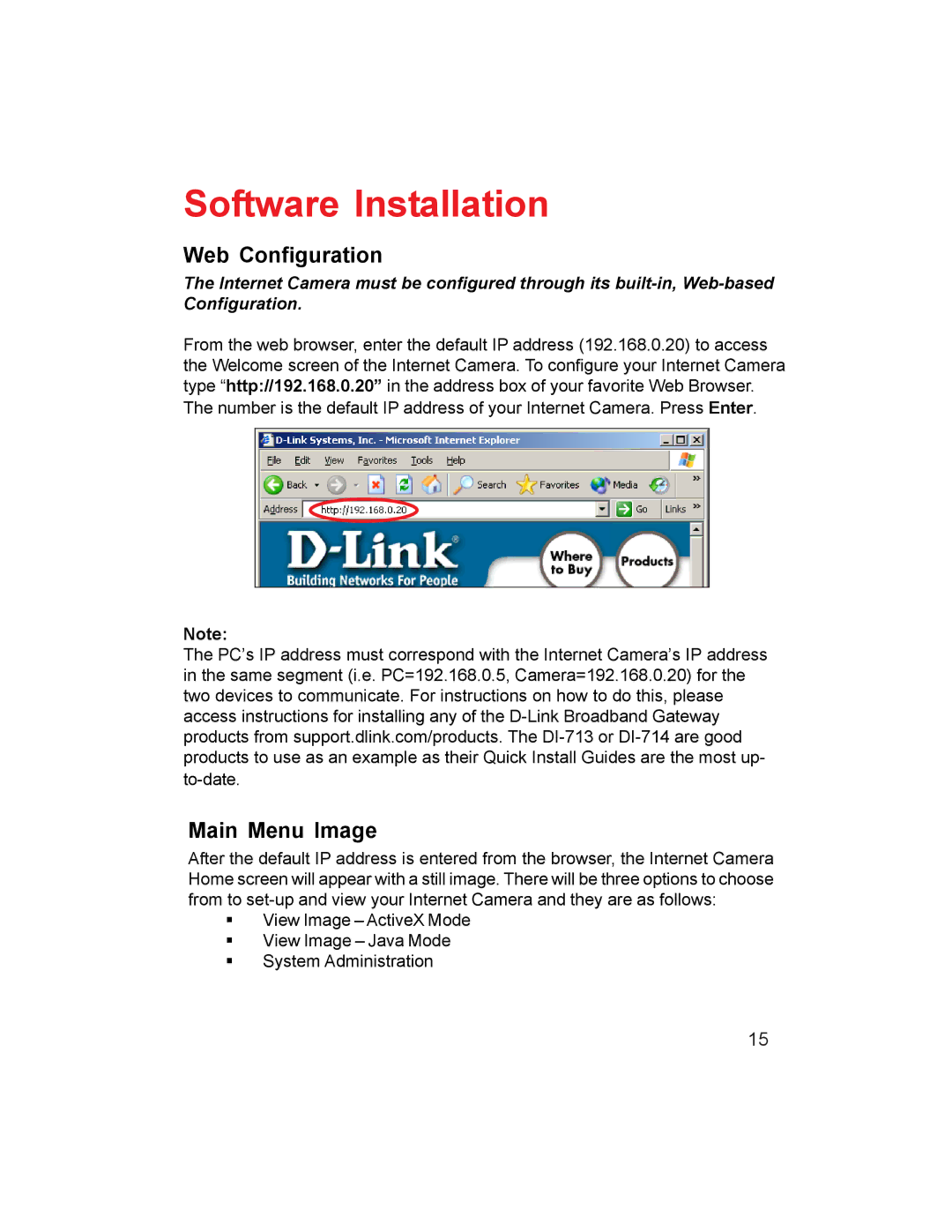 D-Link DCS-1000W manual Software Installation, Web Configuration, Main Menu Image 