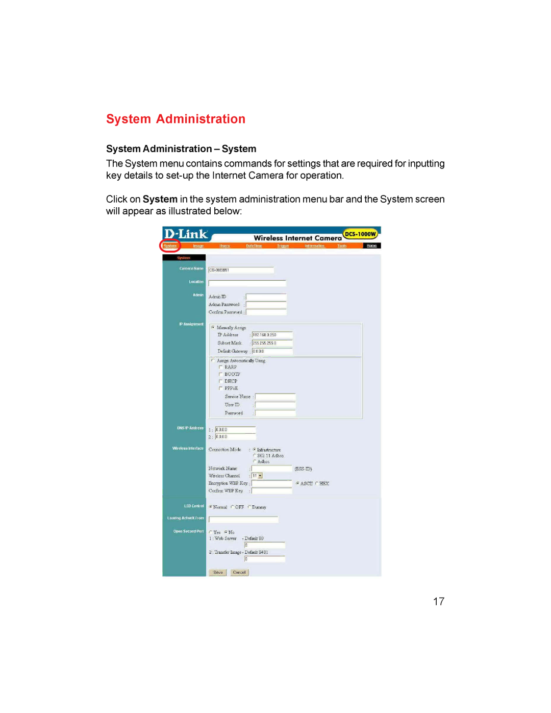 D-Link DCS-1000W manual System Administration System 