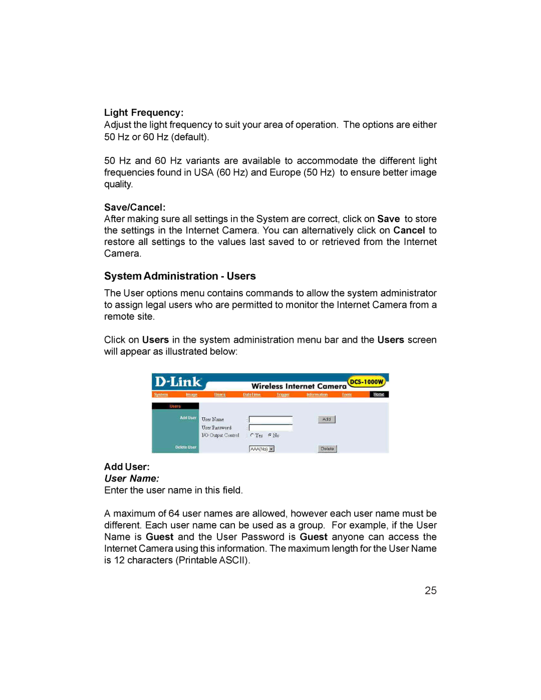 D-Link DCS-1000W manual System Administration Users, Light Frequency, Add User 