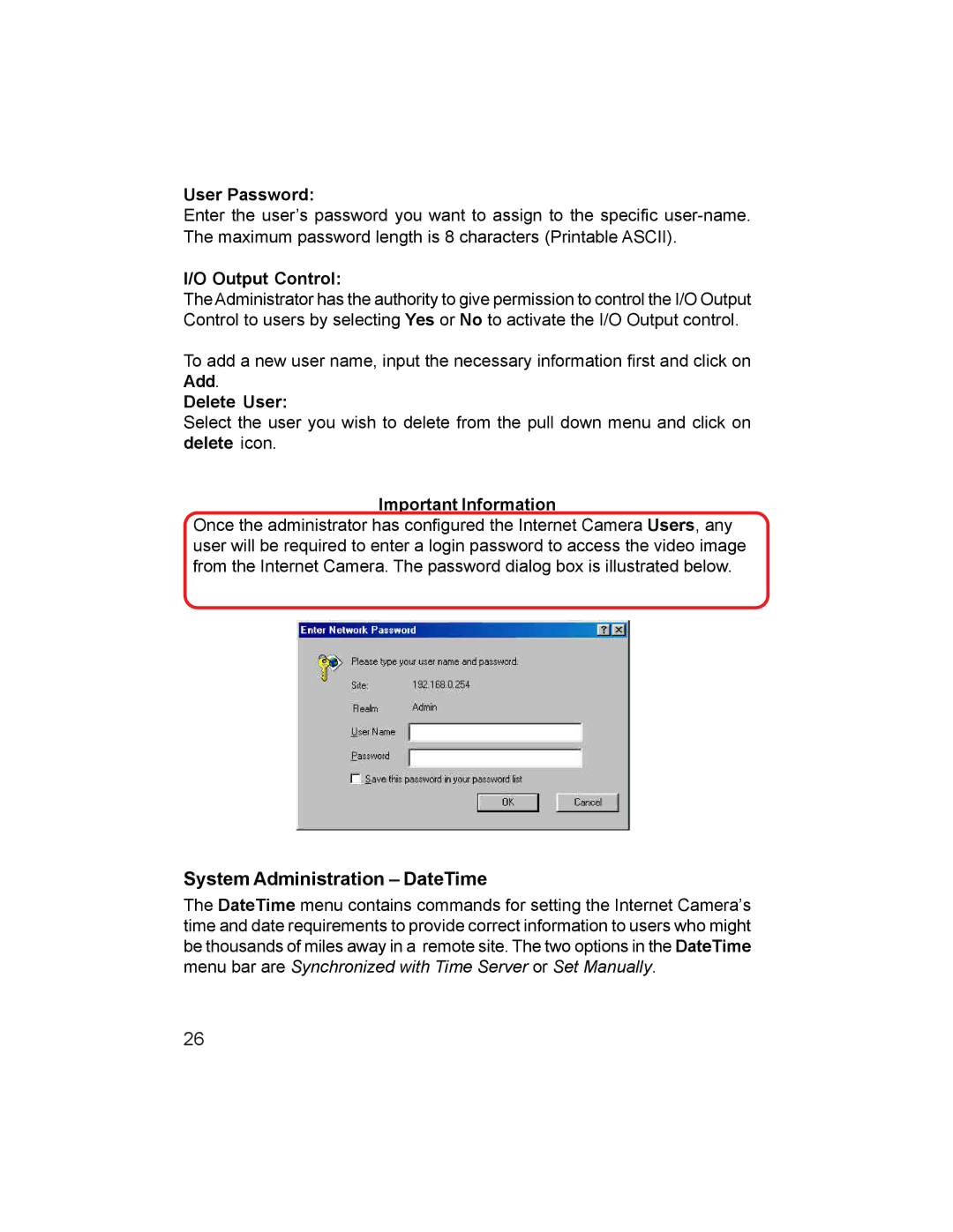 D-Link DCS-1000 manual System Administration DateTime, User Password, Output Control, Delete User, Important Information 