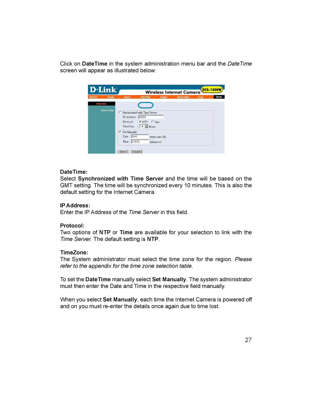 D-Link DCS-1000W manual DateTime, IP Address, Protocol, TimeZone 