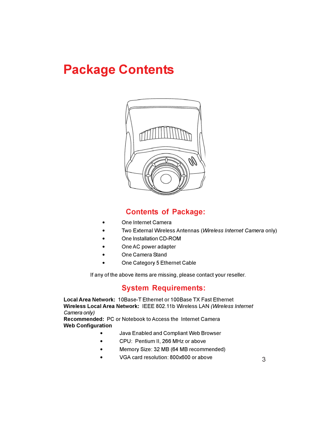 D-Link DCS-1000W manual Package Contents 