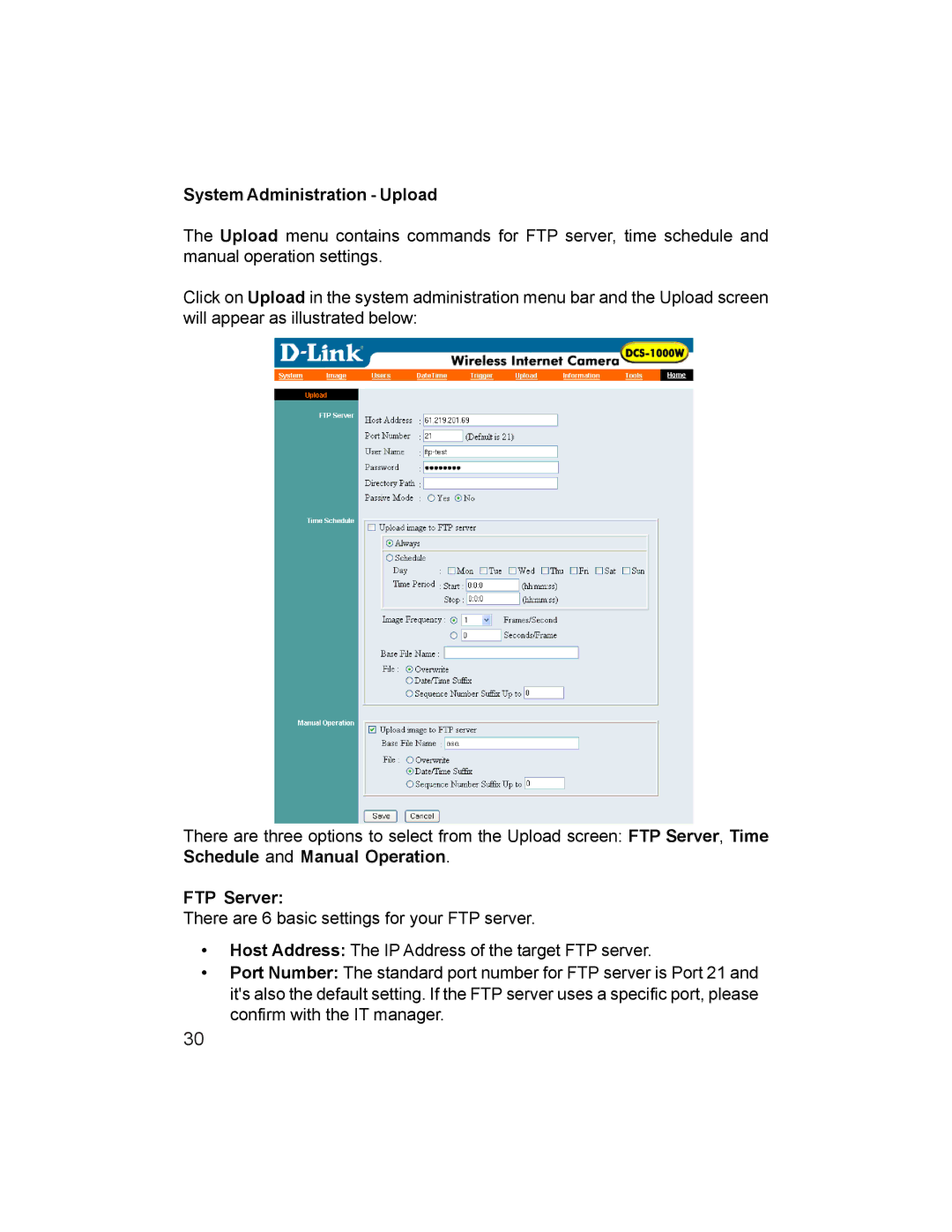 D-Link DCS-1000W manual System Administration Upload, FTP Server 