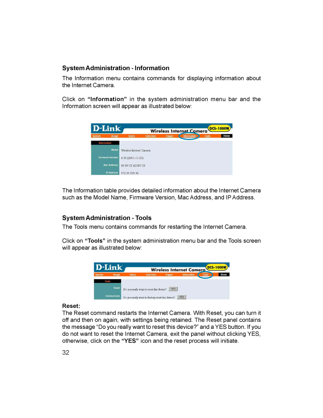 D-Link DCS-1000W manual System Administration Information, System Administration Tools, Reset 