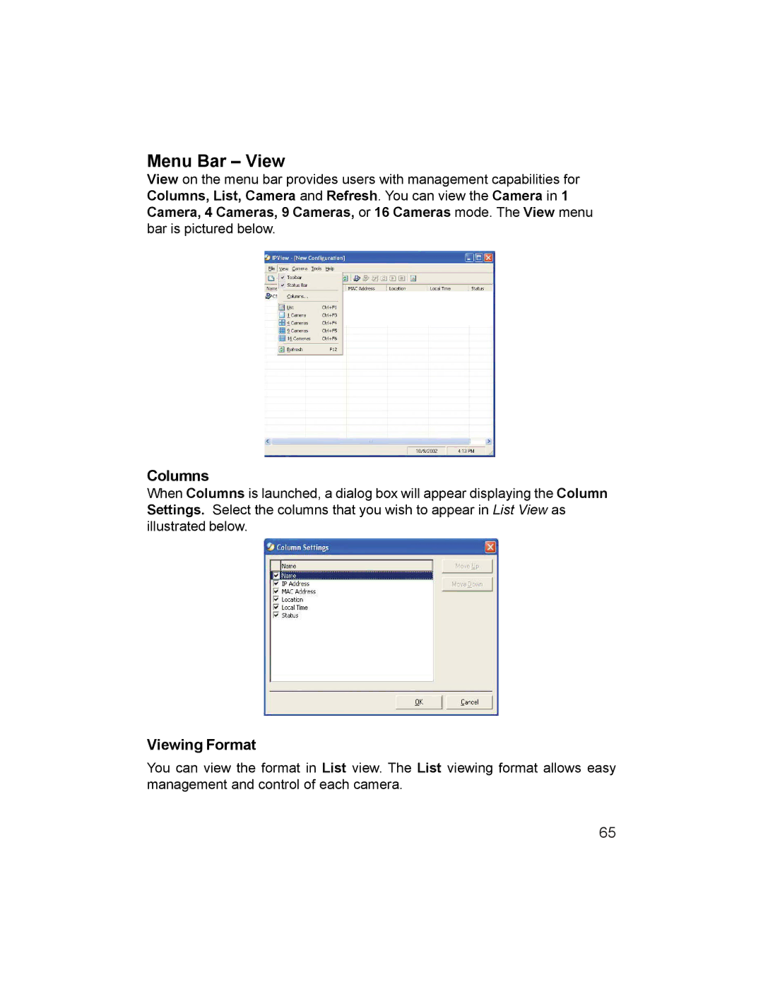 D-Link DCS-1000W manual Menu Bar View, Columns, Viewing Format 