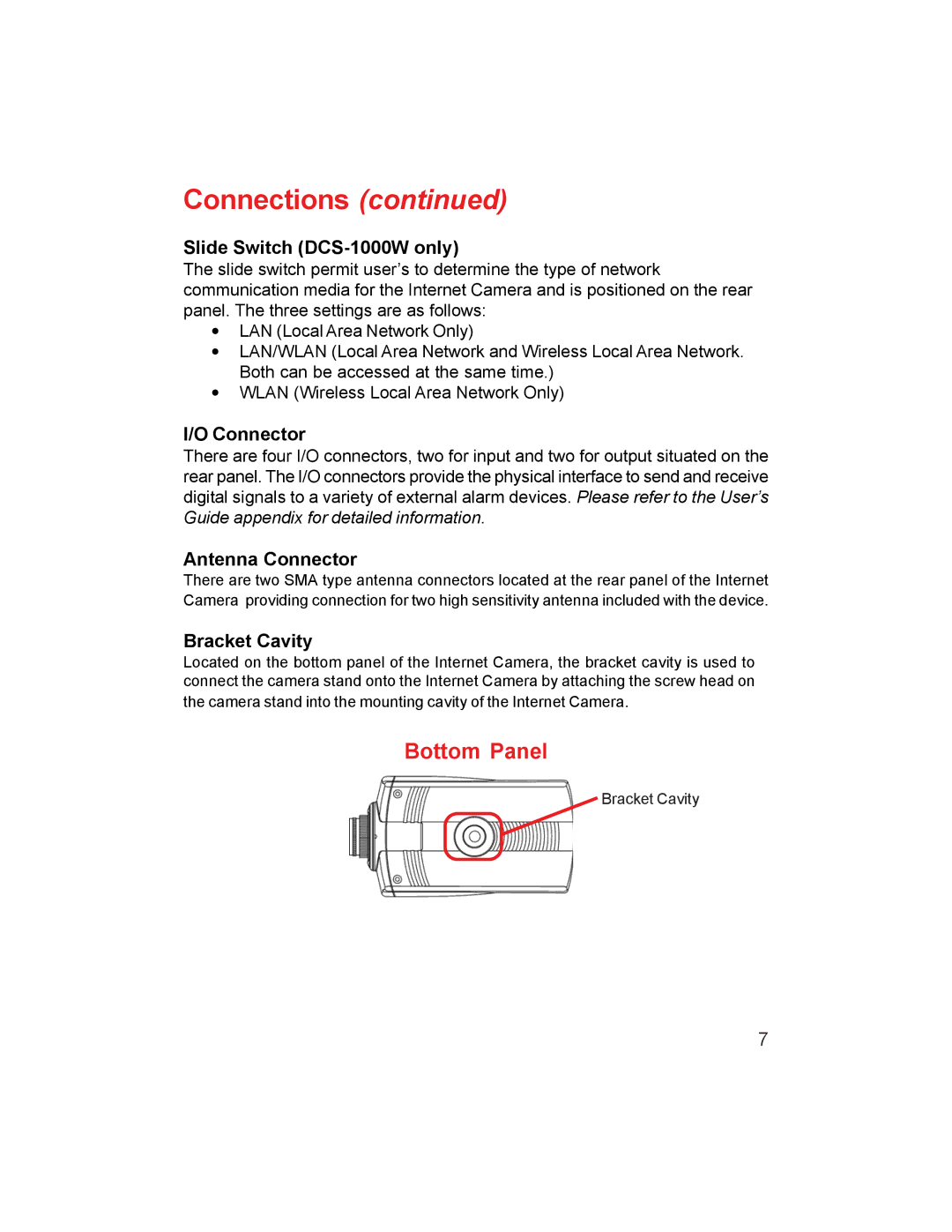 D-Link manual Slide Switch DCS-1000W only, Antenna Connector, Bracket Cavity 